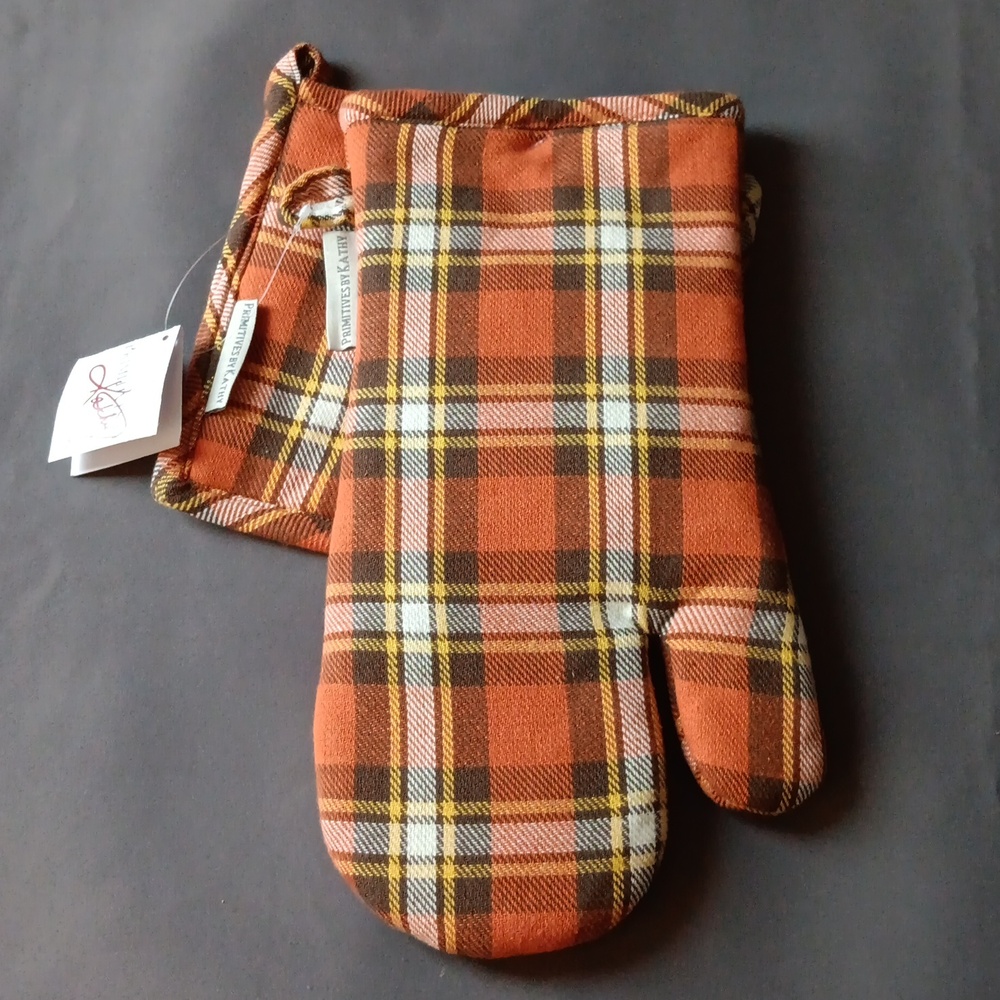 PRIMITIVES orange plaid Kitchen mitt & pot holder fall Thanksgiving